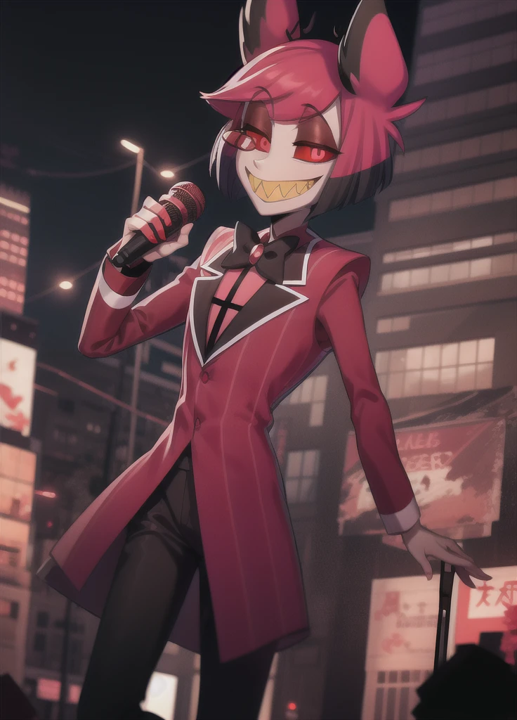 masterpiece, best quality, outdoors, building, looking at viewer, ((scarlet sky:1.3)), standing, city, cityscape, street, beautiful lighting, RAW photo, 8k uhd, colorful,
masterpiece, best quality, bowtie, jacket, monocle, microphone, suit, 1boy, solo, animal ears, sharp teeth, red eyes, teeth, bow, smile, looking at viewer, slit pupils, red hair, grin, multicolored hair, red sclera, holding microphone, dark background, terror theme
at night,darkness,(no light:1.4),(glowing eyes:1.2), ((SCARLET EYES)), ((red eyes),