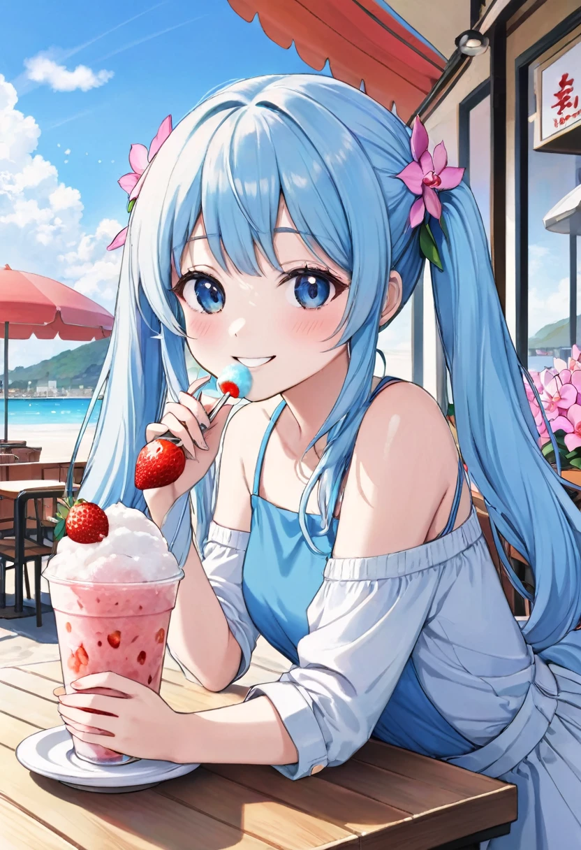 Seaside Cafe、Light blue long hair、Beautiful girl with twin tails、Strawberry Frappe、Eating shaved ice with relish、A cafe decorated with lots of orchid flowers、Beautiful girl with a bright smile
