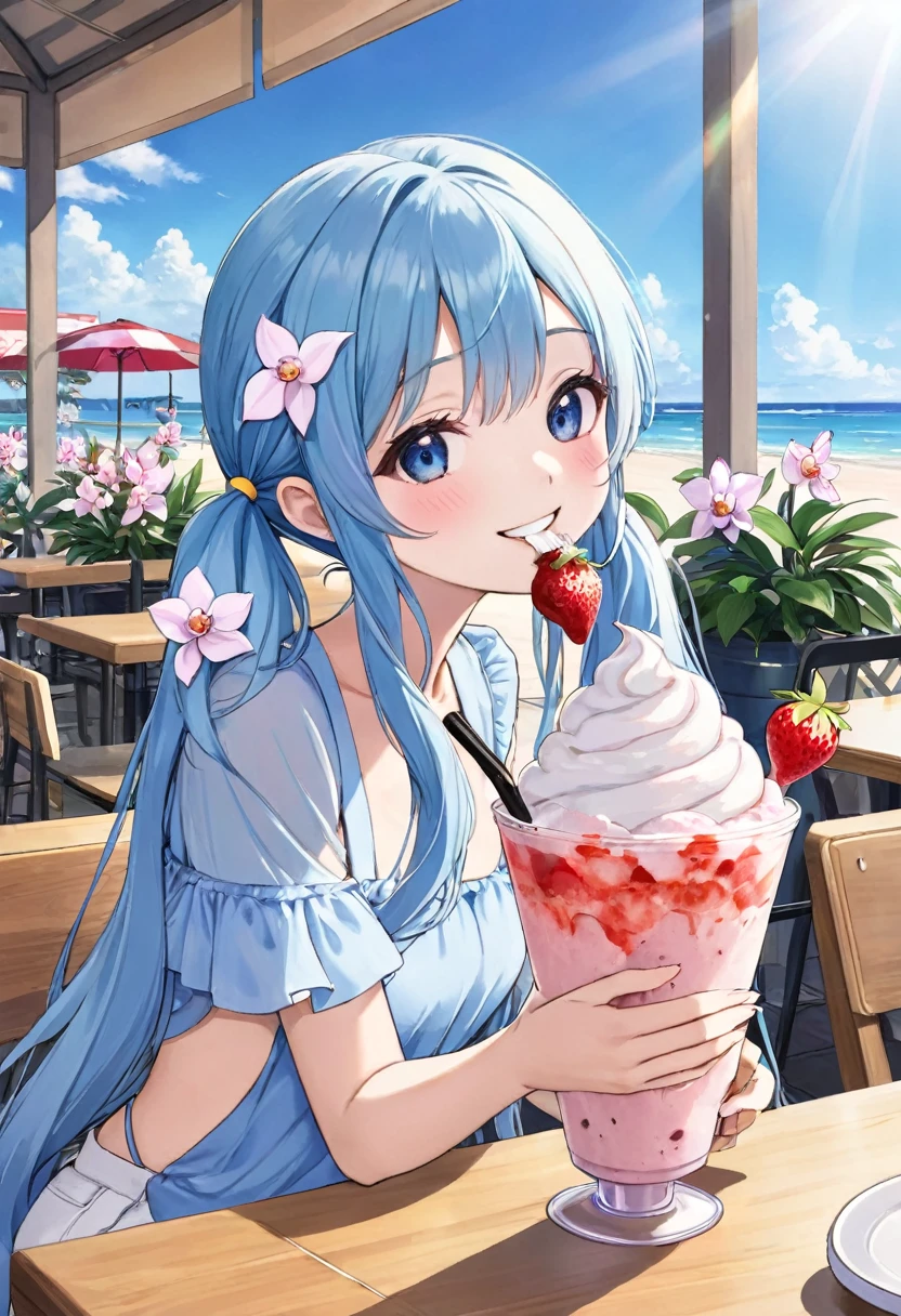 Seaside Cafe、Light blue long hair、Beautiful girl with twin tails、Strawberry Frappe、Eating shaved ice with relish、A cafe decorated with lots of orchid flowers、Beautiful girl with a bright smile