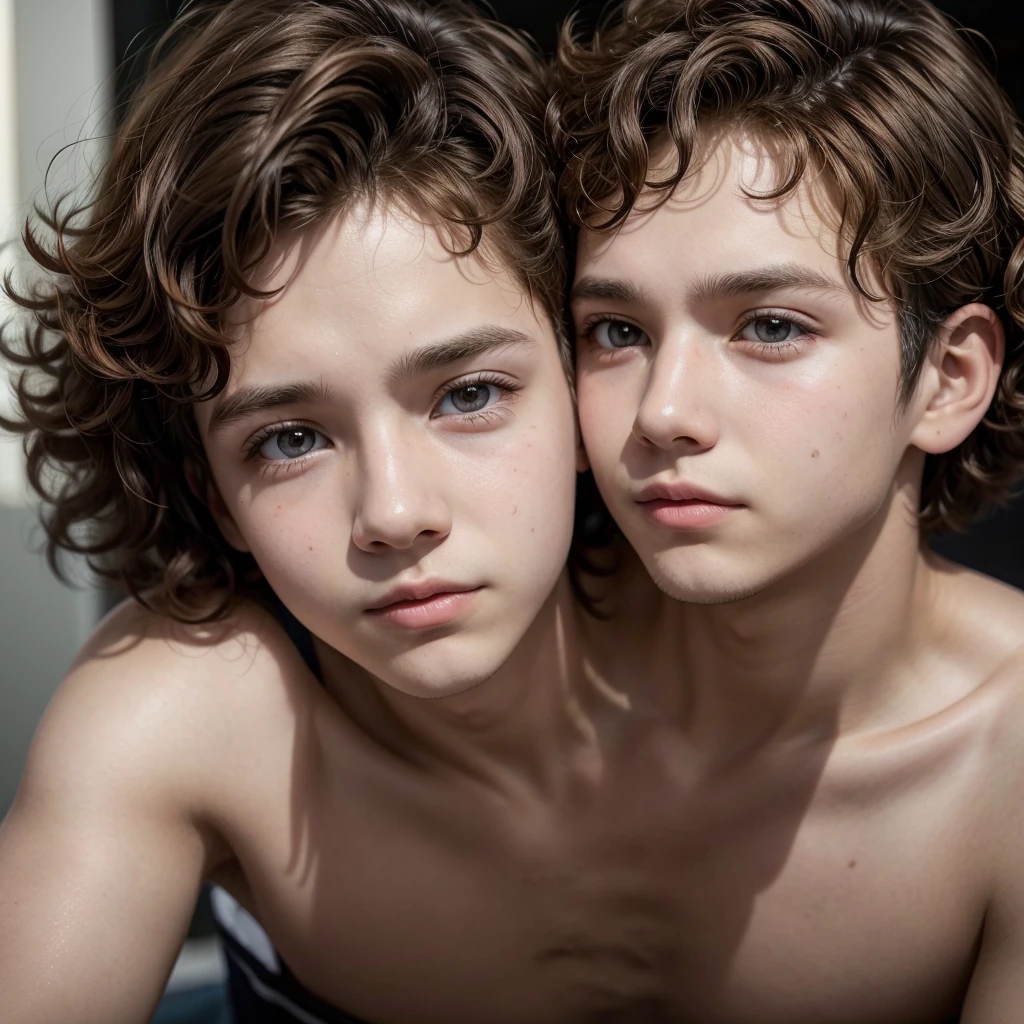 A trans boy, his hair is brown, curly and short, one lens