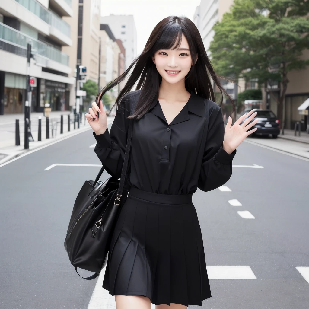 A woman is walking on the road, smile, 彼女はblackいタンクトップを着ています,Fashion Model, Black Top, blackい服, Attractive girl, Photo of slim girl model, タイトなblackのボタンシャツとショートパンツ, blackのおしゃれな服を着ている, blackい服を着ている, black, カジュアルなblackの服