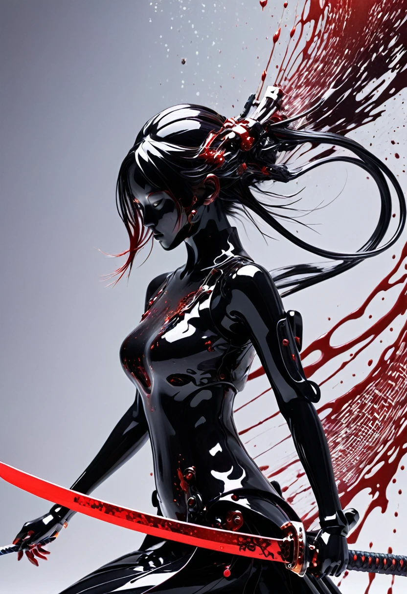 ,future technologies,bailing_robot,robot,robotics,machine_robo,gradient,Partial texture of a metal robot,simple background,(1girl:0.6),Matte Metal,wire,
Closeup Portrait,Dynamic pose By yoji shinkawa,a ninja gracefully posing in Fight stance with katana,Blood Splash,Blood fountain,infront of vanta white background with overhelming cascading red/black sharp ascii_art streams of data. Illuminate the fusion of artistry and innovation in this mesmerizing image.bailing_glitch_effect,atmospheric haze,Film grain,cinematic film still,highly detailed,