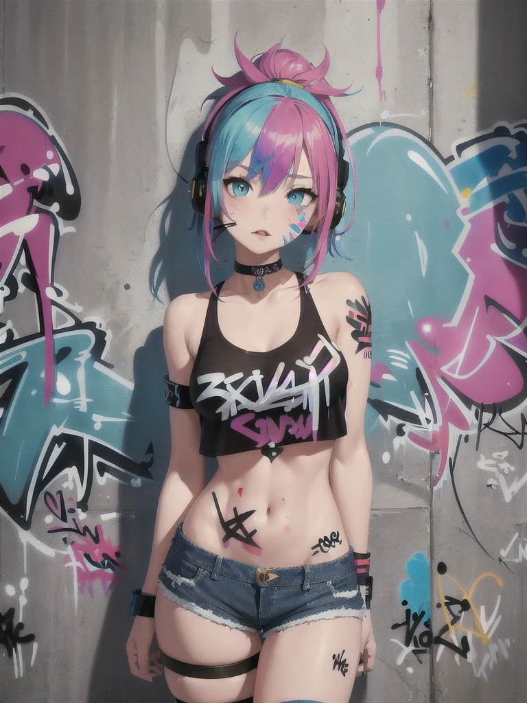 masterpiece, best quality, 1girl, solo, crop top, denim shorts, choker, (graffiti:1.5), paint splatter, arms behind back, against wall, looking at viewer, armband, thigh strap, paint on body, head tilt, bored, multicolored hair, aqua eyes, headset,