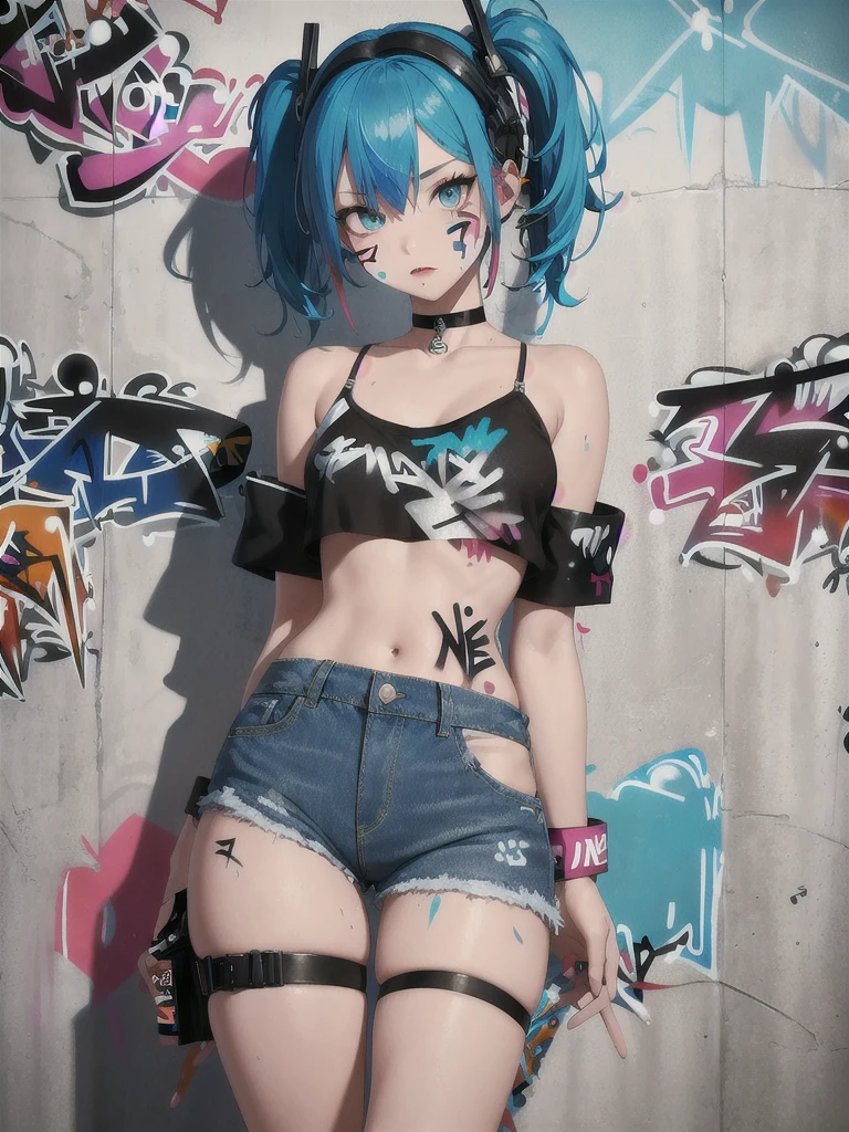 masterpiece, best quality, 1girl, solo, crop top, denim shorts, choker, (graffiti:1.5), paint splatter, arms behind back, against wall, looking at viewer, armband, thigh strap, paint on body, head tilt, bored, multicolored hair, aqua eyes, headset,