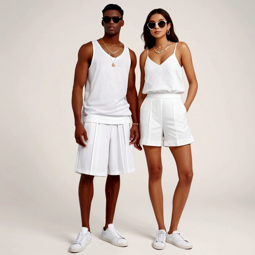 candid fashion illustration of young man and woman, both aged 20 year old, ((showcase fashion in a White cotton-rayon outfits)), inspired by JACQUARD's spring-summer collection in elegant luxury style, The man wears an oversized short-sleeved white shirt with a sporty details, paired with relaxed-fit white Sports Shorts with semi hard bulge, He completes his look with white sneakers and sunglasses. The woman complements him in Ankle-length dress in white, featuring a deep V-neckline and spaghetti shoulder straps, with Gathered detail tiers down the skirt and hem, Her ensemble includes an accessorizes white sneakers and full of necklace. Captured in a low angle, ((full-body image)), (full-body pose)), ((white studio background)), realistic color pencil lines, perfect drawing, charcoal lines, fading sketch, quick Sketch, soft light,