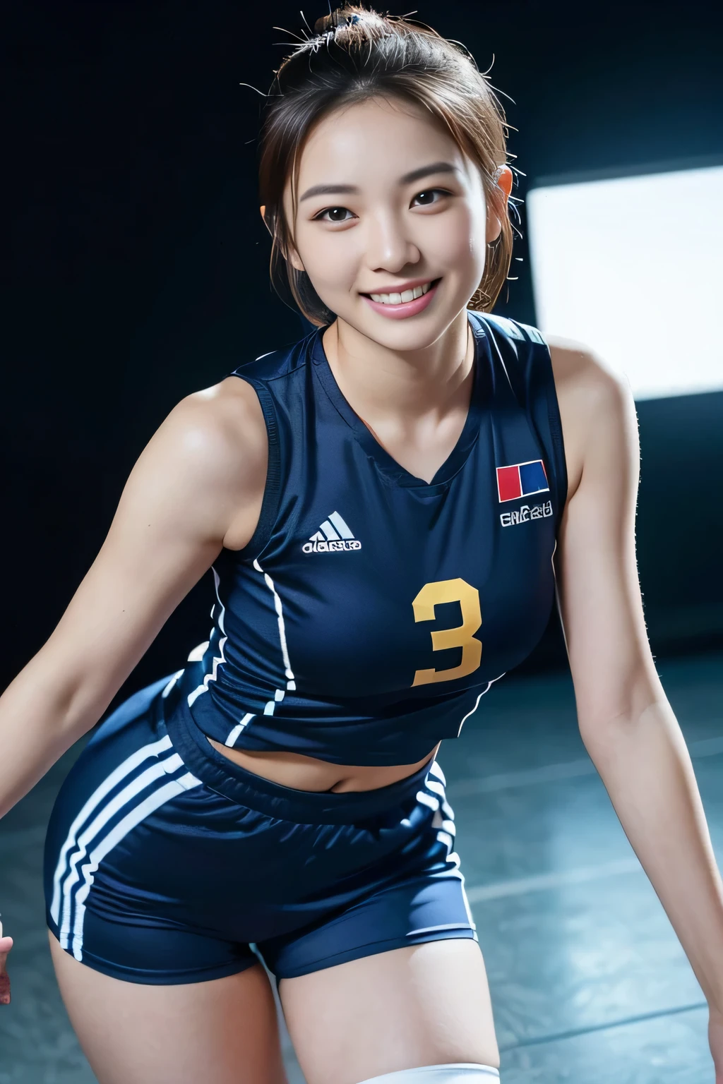 (A beautiful Korean volleyball player, age 23, wearing Korea national jersey, Tight Sleeveless Lightweight Synthetic Jersey, jersey-number '23', Blue Spandex Shorts, Ankle Braces and Knee Pads, warmup at magnificent stadium, graceful expression, friendly smile, dimpled chin, cute snaggle-tooth, ponytail, symmetrical face, beautiful detailed face, beautiful detailed eyes, perfect body proportions, ample round bosom, photorealistic, hyper-realism, high contrast, ultra HD, realistic skin textures, top image quality, top-quality, super high resolution, fine details, very meticulously, masterpiece, head to knees, High Angle Shot, Cool Atmosphere, bokeh background)