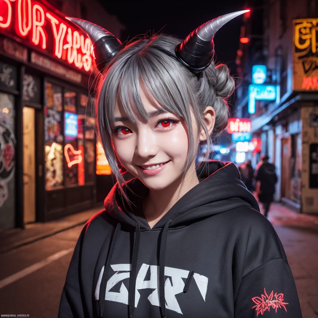 Detailed Background, masterpiece, Highest quality, smile, Nakiri Ayame, Striped Hair, Demon Horns, Gray Hair, twin bun, Red eyes, smile, hoodie, Portraiture, neon, graffiti, dark, night, Glowing Eyes, Black light