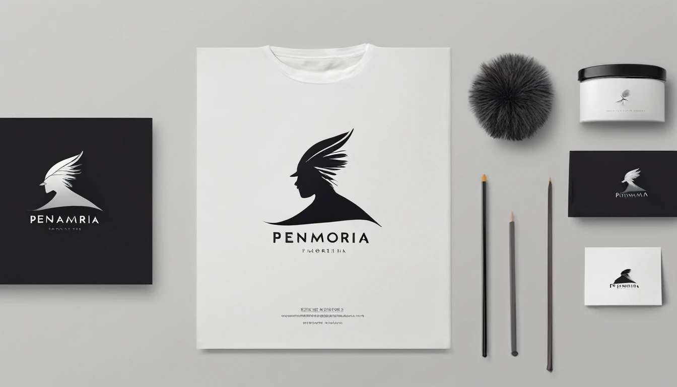 A minimal, modern, simple, cinematic logo design e of a boy with a head full of feathers for the brand “Penamemoria".