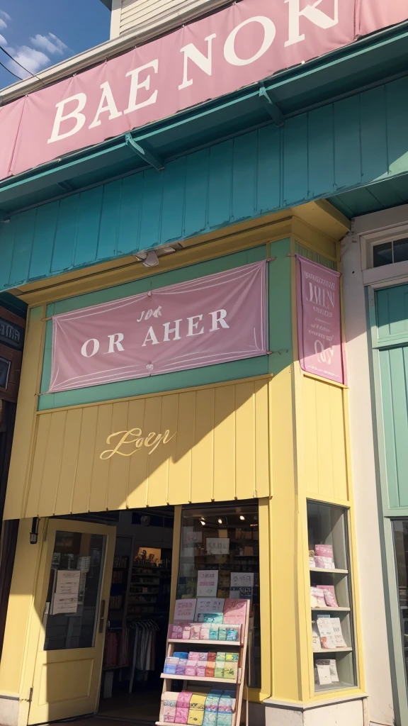 Store banner ,
With the name Corner of Joy written big,
The banner must have pastel tones in yellow colors ,cerulean , pink and toasty ,
And wooden details ,