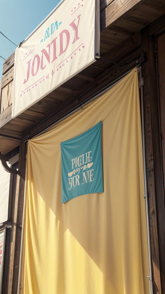 Store banner ,
With the name Corner of Joy written big,
The banner must have pastel tones in yellow colors ,cerulean , pink and toasty ,
And wooden details ,