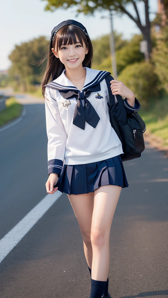masterpiece, best quality, ultra-detailed, nsfw, simple_background, 1girl, solo, cowboy shot, black eyes, (tsurime), (((smile))),black hair, (((school uniform))),(((sailor suit))), (((cleft of venus))), (((younger))),  (blunt bangs), (short stature),  ((((bottomless)))),(((No panties))),(((pussy))),(bow tie),(student bag), ((walk on the road))