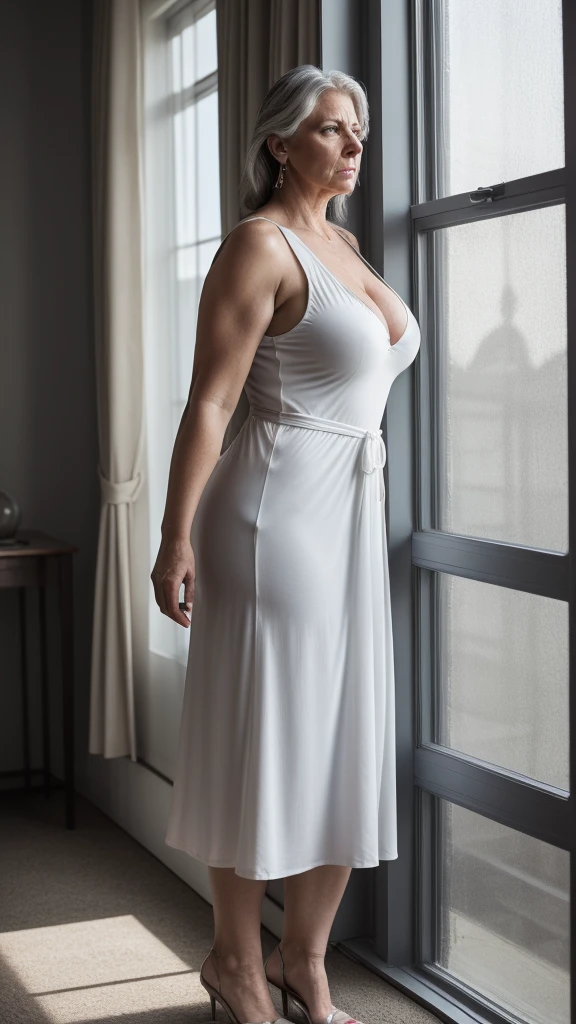 RAW photography, shadows, cinematic lighting, realistic reflections, and highly detailed, fat woman, 60 years old next to a window, wide hips, beautiful, angry, giant breasts, short white summer dress, standing