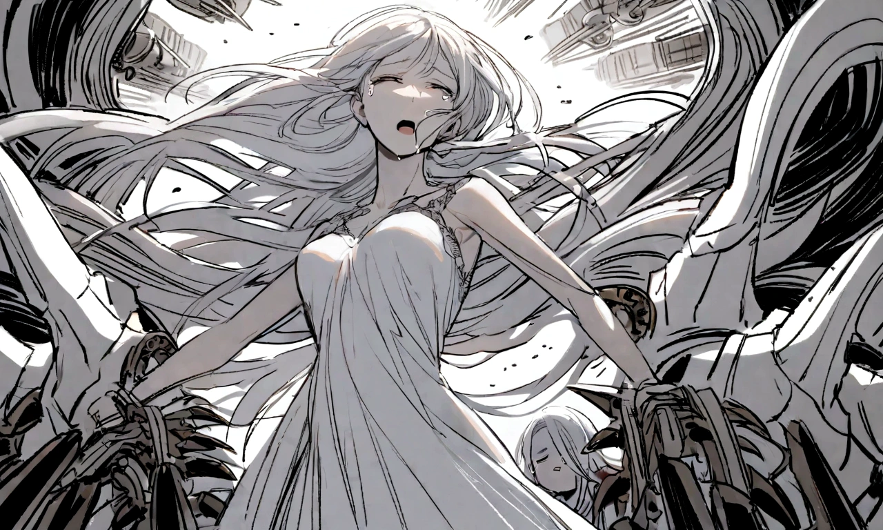 black and white drawing, Clockwork background with giant claws, mechanical tongs pull a woman, Woman&#39;s body being dragged by mechanical tongs, beautiful woman 1, white long straight hair, white hair, wearing a white dress, the wind blows strongly, crying expression, cry, shout, reject.