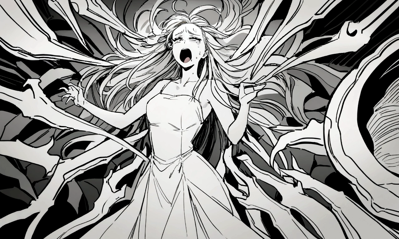 black and white drawing, Clockwork background with giant claws, mechanical tongs pull a woman, Woman's body being dragged by mechanical tongs, beautiful woman 1, white long straight hair, white hair, wearing a white dress, the wind blows strongly, crying expression, cry, shout, reject.