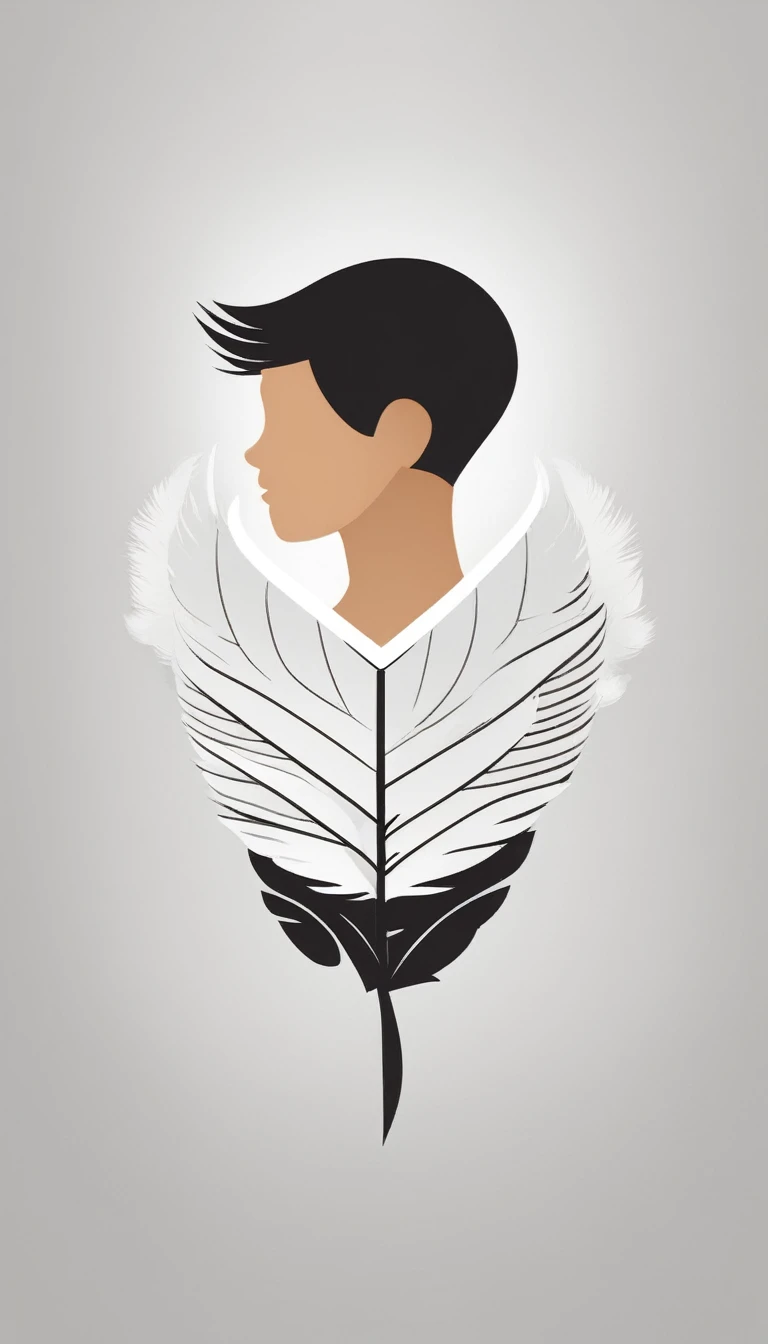A minimal, modern, simple, cinematic icon design of a boy with a head full of feathers for the brand “Penamemoria".