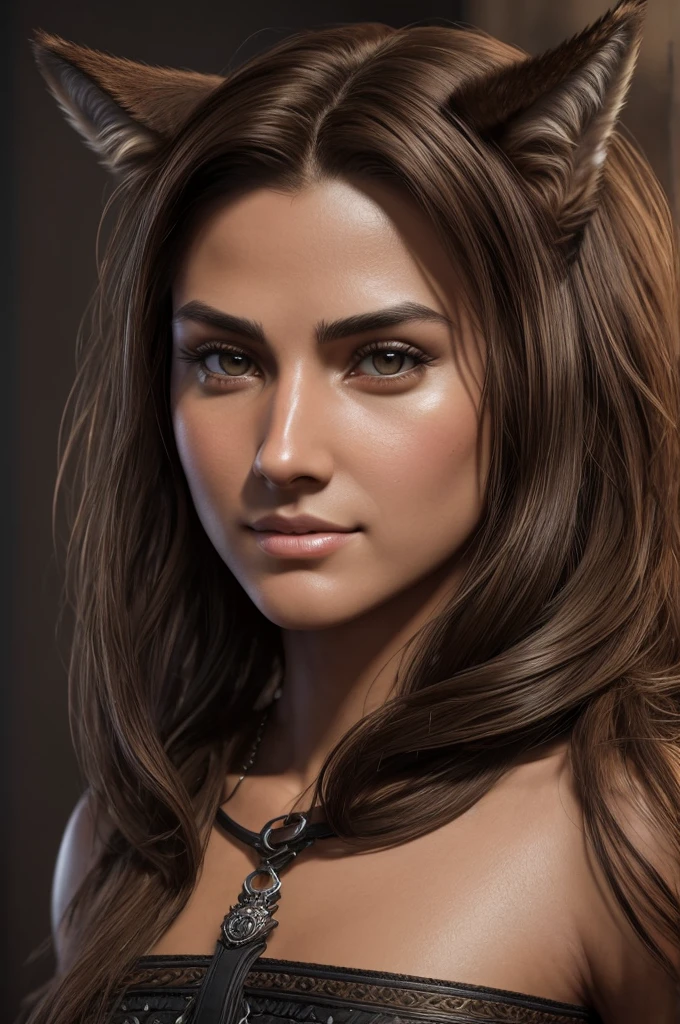 renaissance style, perfect composition, ((Extremely realistic)) ((Extremely detailed)) ((anatomically correct)) full body portrait of a (Cocky) ((tanned skin)) young 25-year-old (((wolf-woman))) with ((Wolf ears)) (((Thick brown sideburn whiskers))) ((visible fangs)) and (((angular diamond-shaped face))), (((unkempt medium-length shaggy brown hair))), wearing (((loose black tunic))), (Dynamic pose), black background, greg rutkowski, Robert Oxley, concept art, vfx, intricate, 8k resolution, hyperrealistic, full body shot, complex, textured, trending on /r/art, octane render, fantasy, medieval, very beautiful, hard lighting, epic, powerful, rule of thirds, -ar 16:9, -stylize 60000, -quality 5, high detail, chiaroscuro, atmospheric perspective, UHD, anatomically correct, 8k