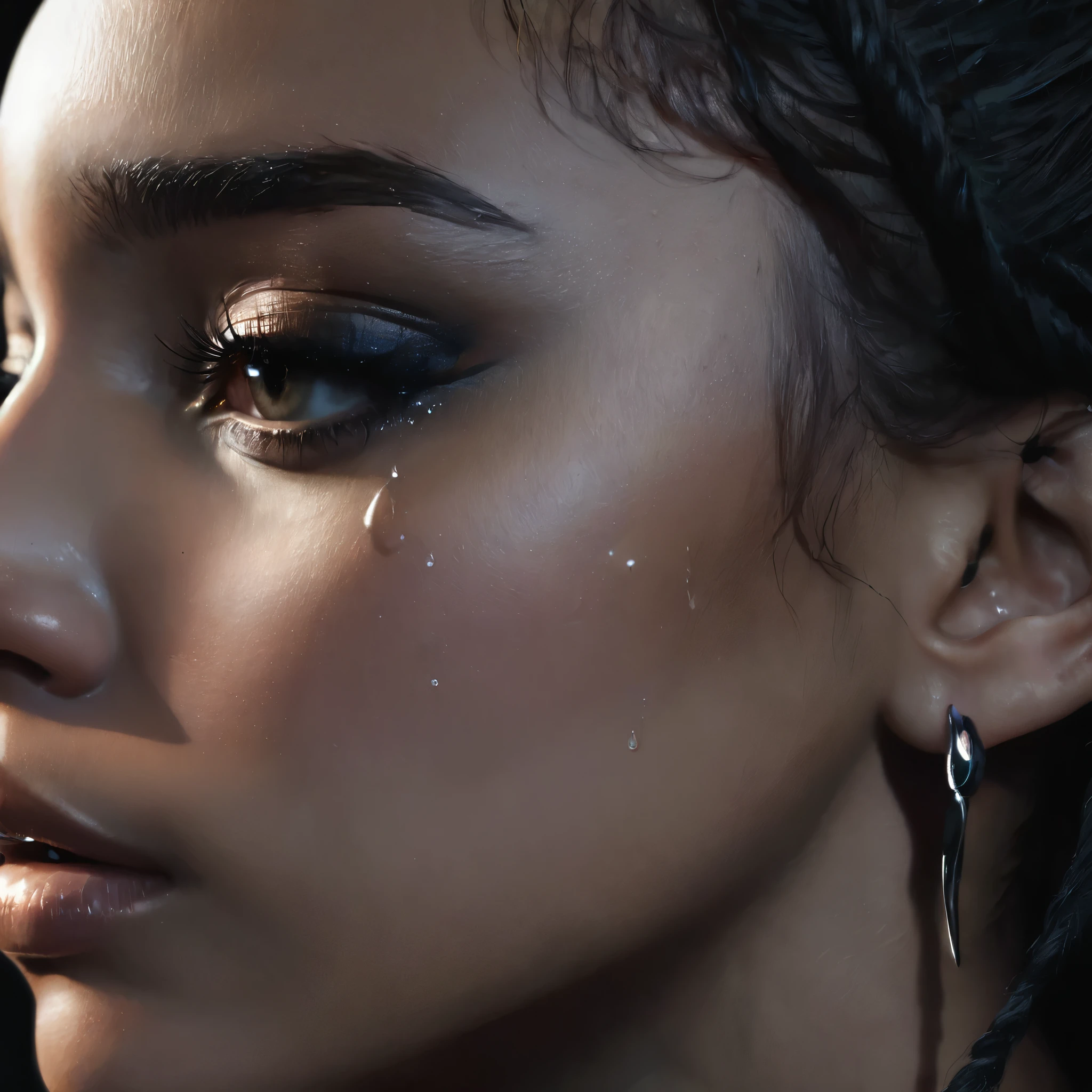 close up and zoomed in on a beautiful depressed emotional sad crying black girl with crying a single teardrop running down her face and a black background, sad, depressed, emotinoal, tearing up, crying, close up on side profile only showing cheek and eyelight falling on face, noir photorealism, mysterious portrait of a woman, chiaroscuro portrait, close up on side profile, tinashe, zoe kravitz, zoomed in on tear drop, euphoria vibes, tears, crying, black and white, dark