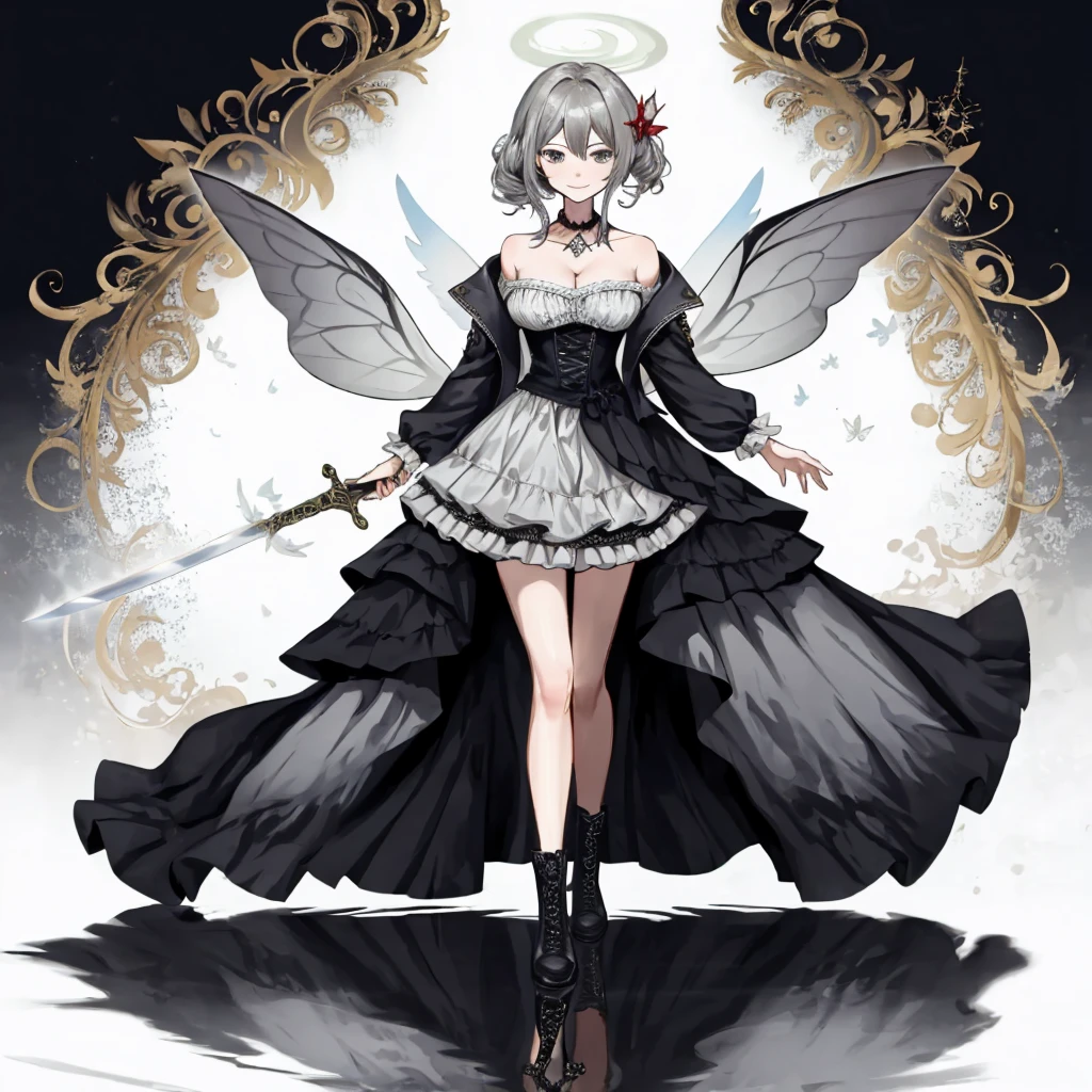  ((best quality)), ((masterpiece)), (detailed), 1girl, Character design, female, dynamic poses, long white grey hair, grey white eyes, very skinny, detailed, best quality, no accesoires around the neck, prominent collarbones, skinny arms, full body, blank white background, plain background, white background, ((red and white clothing)), Bloodborne inspired, occult aesthetic, occult, detailed and intricate steampunk and detailed gothic, Very dramatic and cinematic lighting, cosmic horror, grim-dark, side-lighting, perfect face,  Fluttering lace flared long knee length dress with frilly petticoats, knee length dress, pleated petticoats, petticoats gothic, complex lace boots, side-lighting, gothic aesthetic, wielding a mighty sword with mechanical components, mandalas, small breasts, a fairy, various different types of insect wings,full body, whole body, white holy clothes,white holy clothes,((evil smile)),