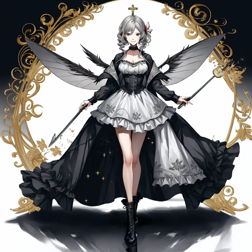  ((best quality)), ((masterpiece)), (detailed), 1girl, Character design, female, dynamic poses, long white grey hair, grey white eyes, very skinny, detailed, best quality, no accesoires around the neck, prominent collarbones, skinny arms, full body, blank white background, plain background, white background, ((red and white clothing)), Bloodborne inspired, occult aesthetic, occult, detailed and intricate steampunk and detailed gothic, Very dramatic and cinematic lighting, cosmic horror, grim-dark, side-lighting, perfect face,  Fluttering lace flared long knee length dress with frilly petticoats, knee length dress, pleated petticoats, petticoats gothic, complex lace boots, side-lighting, gothic aesthetic, wielding a mighty sword with mechanical components, mandalas, small breasts, a fairy, various different types of insect wings,full body, whole body, white holy clothes,white holy clothes,((evil smile)),