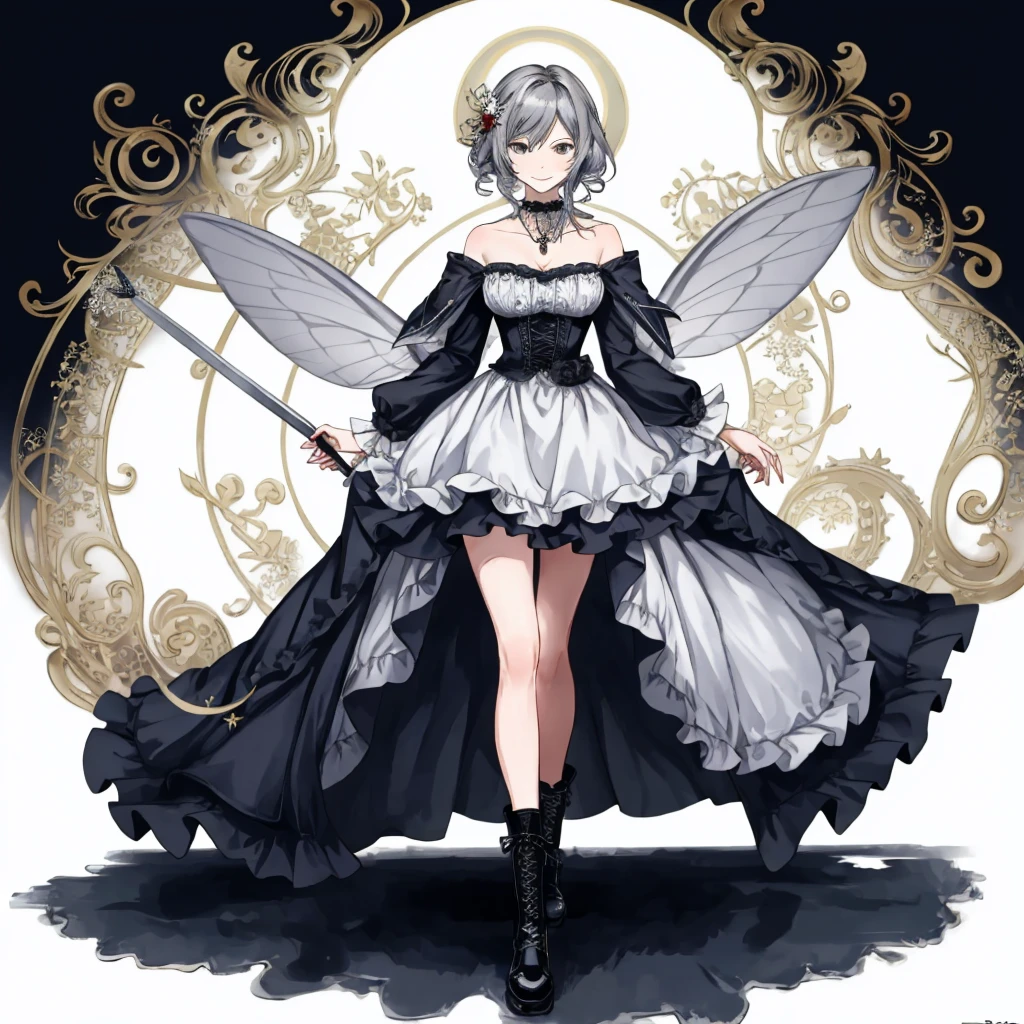  ((best quality)), ((masterpiece)), (detailed), 1girl, Character design, female, dynamic poses, long white grey hair, grey white eyes, very skinny, detailed, best quality, no accesoires around the neck, prominent collarbones, skinny arms, full body, blank white background, plain background, white background, ((red and white clothing)), Bloodborne inspired, occult aesthetic, occult, detailed and intricate steampunk and detailed gothic, Very dramatic and cinematic lighting, cosmic horror, grim-dark, side-lighting, perfect face,  Fluttering lace flared long knee length dress with frilly petticoats, knee length dress, pleated petticoats, petticoats gothic, complex lace boots, side-lighting, gothic aesthetic, wielding a mighty sword with mechanical components, mandalas, small breasts, a fairy, various different types of insect wings,full body, whole body, white holy clothes,white holy clothes,((evil smile)),