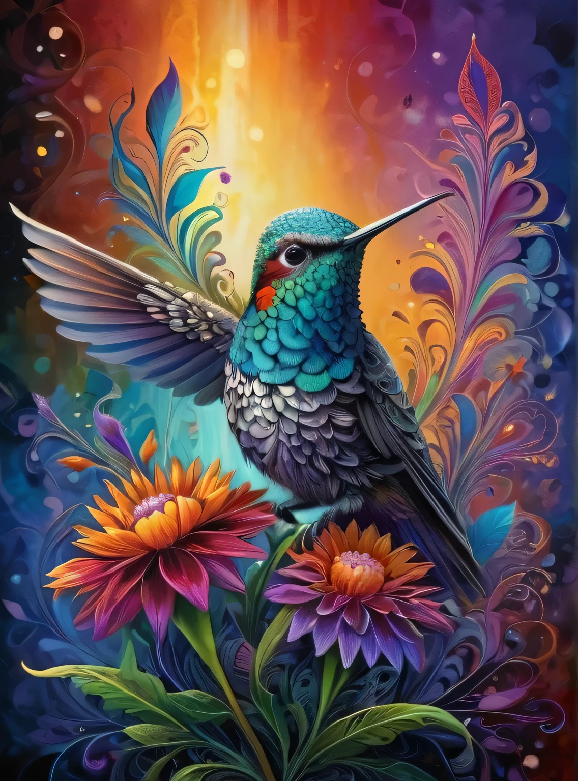 A hummingbird perched on a flower, its feathers adorned with vibrant colors, set against a natural background. The hummingbird is depicted with intricate details, bold colors, and high-definition quality, immersing viewers in the scene.