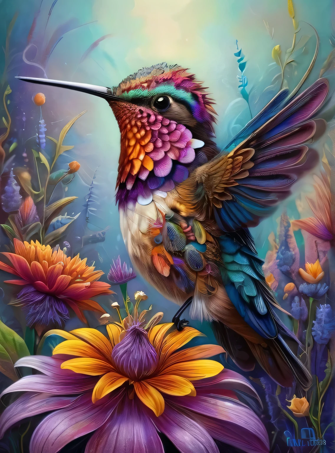 A hummingbird perched on a flower, its feathers adorned with vibrant colors, set against a natural background. The hummingbird is depicted with intricate details, bold colors, and high-definition quality, immersing viewers in the scene.