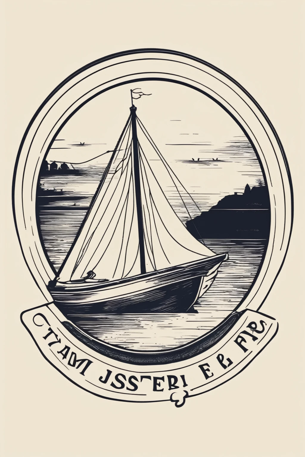 MINIMALIST CIRCLE LOGO,  TAMPON A ENCRE LOGO CIRCULAIRE design oyster FARM company old school retro 1970 BATEAU/PECHEUR/MOUETTE/HUITRES