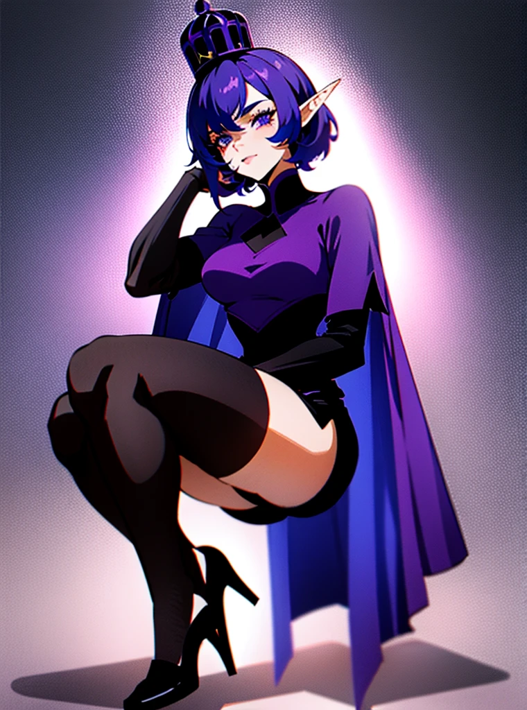 1 girl with short hair half dark blue and half dark purple, elf, with a dark sports shirt, dark purple eyeliner, an infernal crown on her head, black shorts and heels, a cape, mesh stockings, long ones, delicious, with black and purple marks on the skin, sit down, in te dark