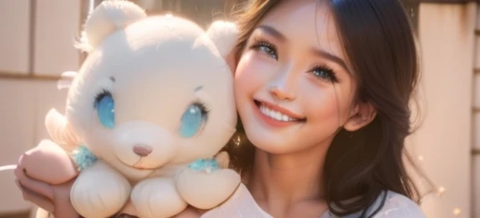 A young woman with straight, shoulder-length dark hair is smiling and holding a large white stuffed animal with blue ears against her face. She wears a light-colored blouse and appears to be outdoors on a sunny day.