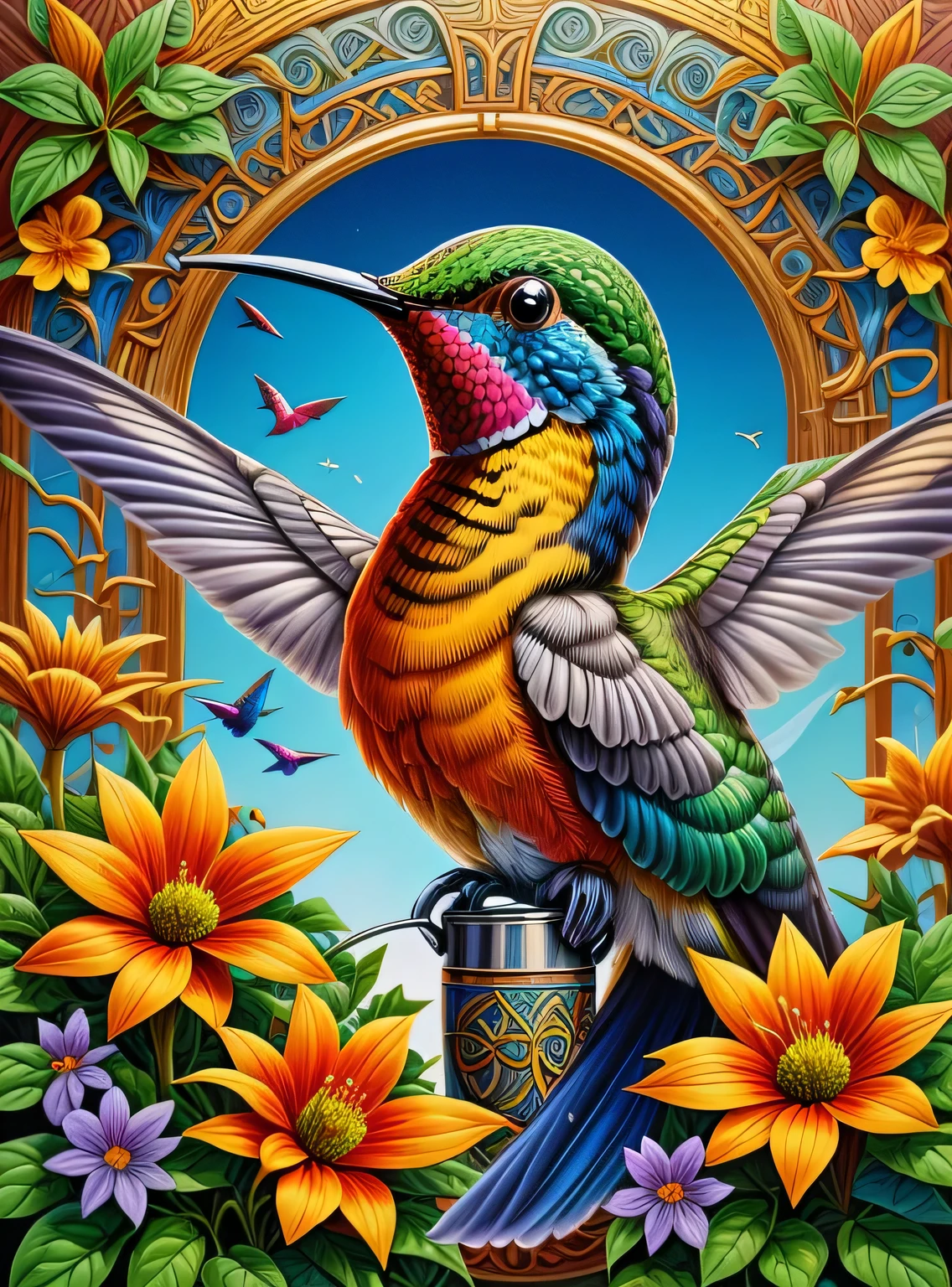 CRU photo, photorrealistic, GaelicPatternStyle a hummingbird drinking from a flower, close up, bright and vibrant, (work of art:1.3) (best qualityer:1.2) (high qualiy:1.1)