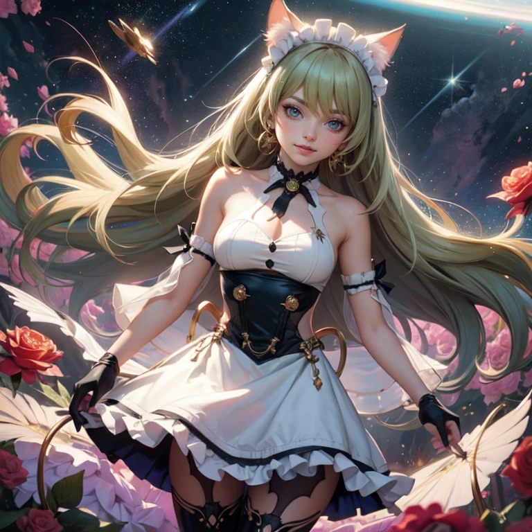 1girl, white maid dress, jewelry, green hair, flowing hair, long hair, maid dress with a short skirt and layers, white laces, white boots, white dress with transparency, gold details on her clothes, cat ears, animal ears, more details, perfectly body, perfectly hands, two hands, two legs, two arms, five fingers, glowing hair, best quality, cat ears, animal ears, tail ornament, tail bow, white gloves, two cat tail, white gloves, alone, maid headdress, choker, detached sleeves, maid dress, maid white dress, strapless, masterpeice, best quality, detailed face, night, mobius (honkai impact), honkai (series), honkai impact 3rd, asymmetrical gloves, bangs, white short skirt , white gloves, white boots, earrings, elbow gloves, fishnet thighhighs, fishmasterpeice, solo, best quality, detailed face, gloves, green eyes, green hair, hair between eyes, jewelry, long hair, looking at viewer, single earring, sky, sleeveless, solo, thigh boots, thighhighs, tongue, tongue out, uneven gloves, cat ears, animal ears, cat tail, , solo, alone, Looking at the viewer, More details on the clothes, magenta roses on her hair, space scenery, maid, maid dress, magenta details, magenta roses, maid headdress, maid apron, purple hair, long hair, seat on the Saturn rings, bats details on her clothes, more details on her clothes, gold details on her clothes, space, smiling, standing her hand to a viewer, looking at the viewer, in the background a several asteroids glowing with fiery auras, Dramatic lighting from distant stars and planets illuminates the scene, looking at the vast and mysterious universe, cowboy shot, upper body portrait, more details, sparkle,