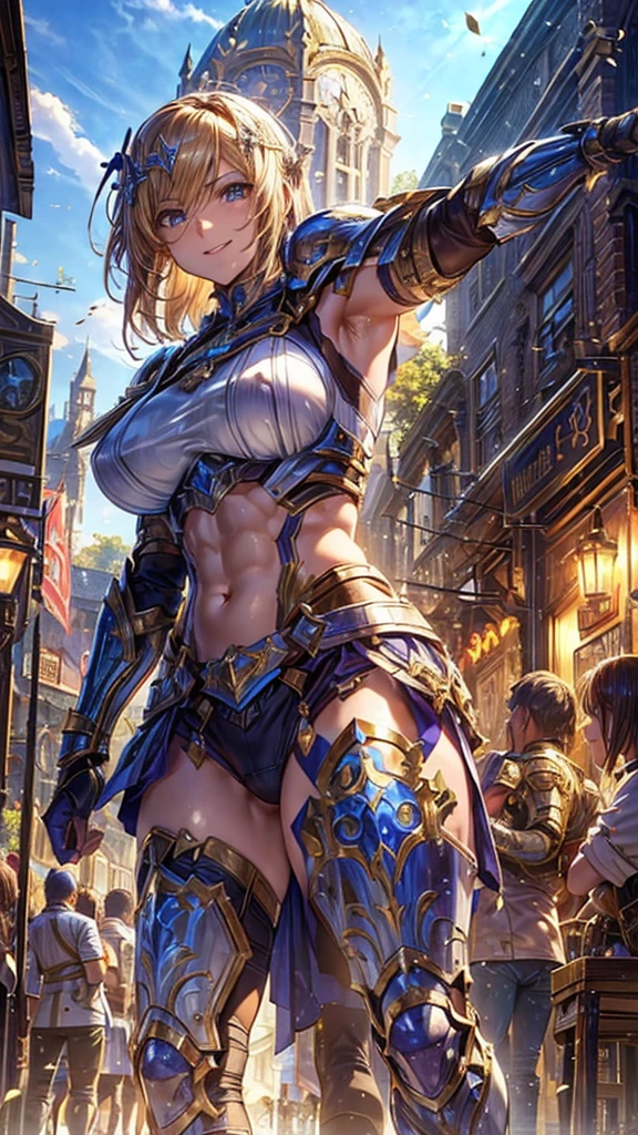 (1 mature, muscular female paladin,Gorgeous Paladin Armor,Arm guard,Leg guards,Head ornament,Age 25), ((Pub,guild)),(smile),Dynamic pose,Dynamic Angle,belly button,Pose for a photo,From below,