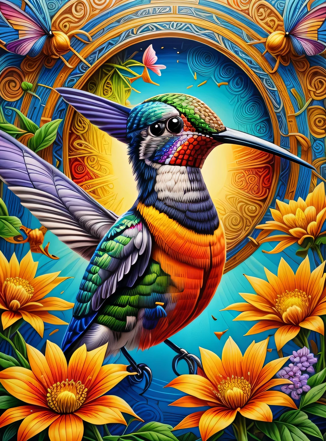 CRU photo, photorrealistic, GaelicPatternStyle a hummingbird drinking from a flower, close up, bright and vibrant, (work of art:1.3) (best qualityer:1.2) (high qualiy:1.1)