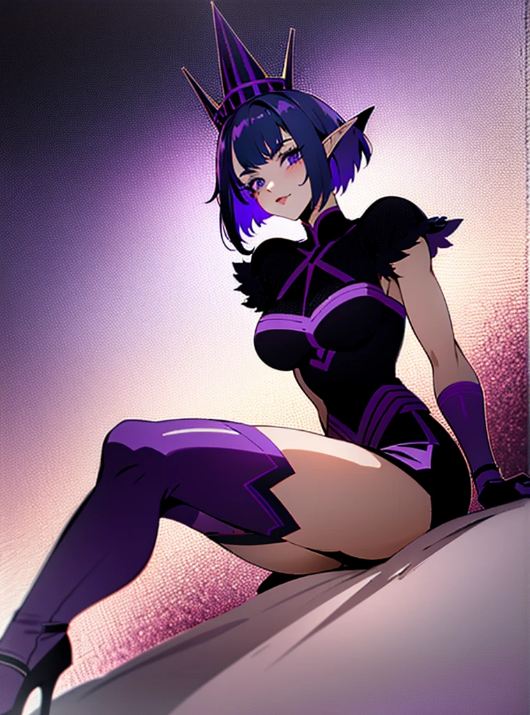 1 girl with short hair half dark blue and half dark purple, elf, with a dark sports shirt, dark purple eyeliner, an infernal crown on her head, black shorts and heels, a cape, mesh stockings, long ones, delicious, with black and purple marks on the skin, sit down, in te dark