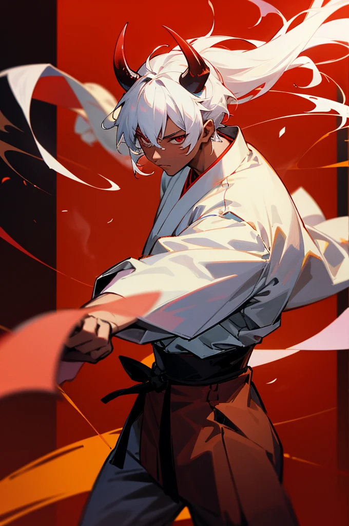 Haori, male, Demon, demon skin color, Aura, Temple Background, martial artist gi