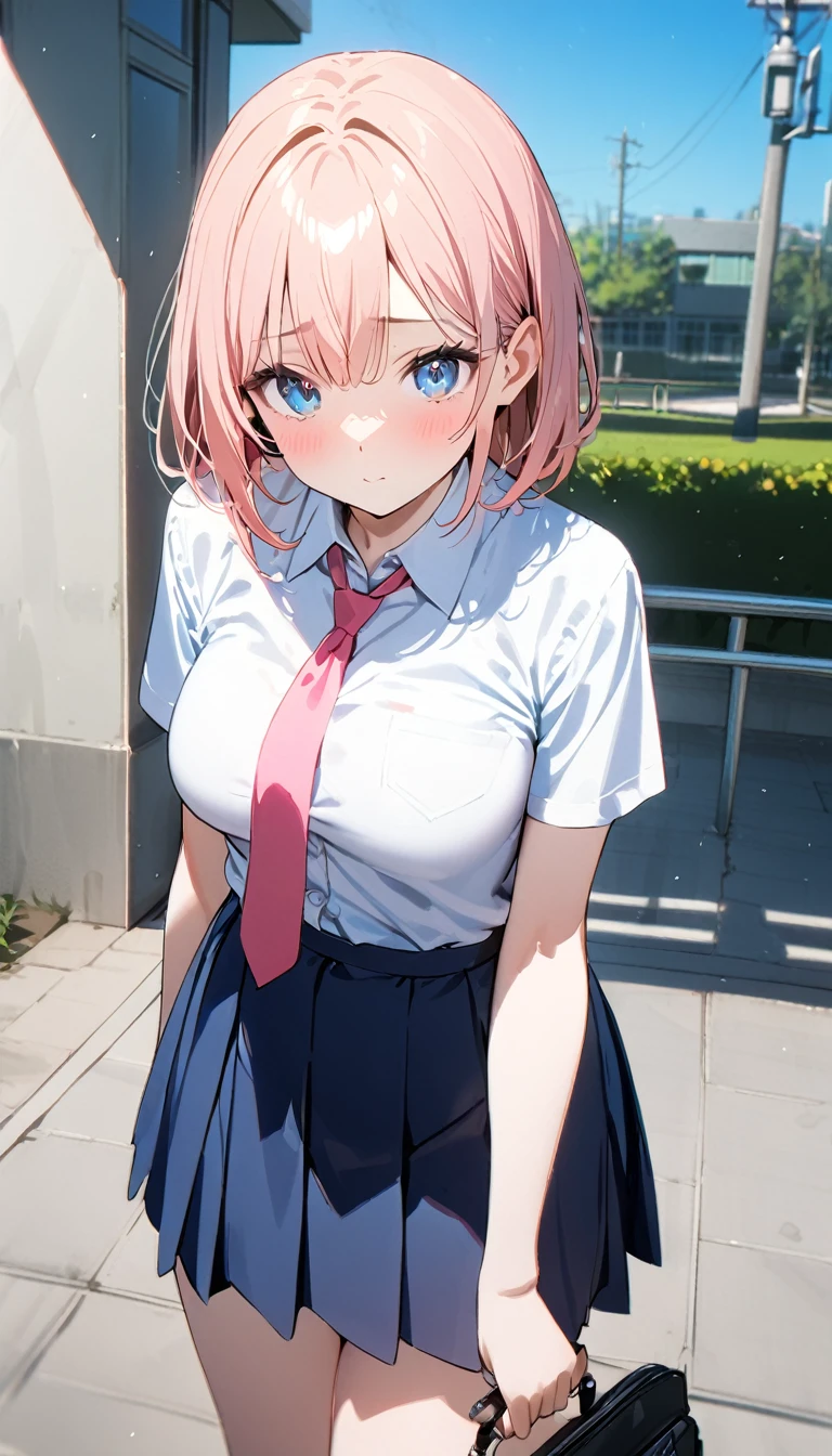 (1 girl),(Best Picture Quality, 8K, Masterpiece:1.3), (high school student:1.5), BREAK, (lob hair:1.1), (bob cut),(pink) BREAK (cute eyes, pupil black, iris skyblue, youthful face:), BREAK, (standard weight), (medium breasts), BREAK, (super clear:1.5), (glistening skin:1.1),(pale skin:1.2), BREAK, ((school uniform, white short simple sleeve shirt, darkblue skirt, pink tie)),