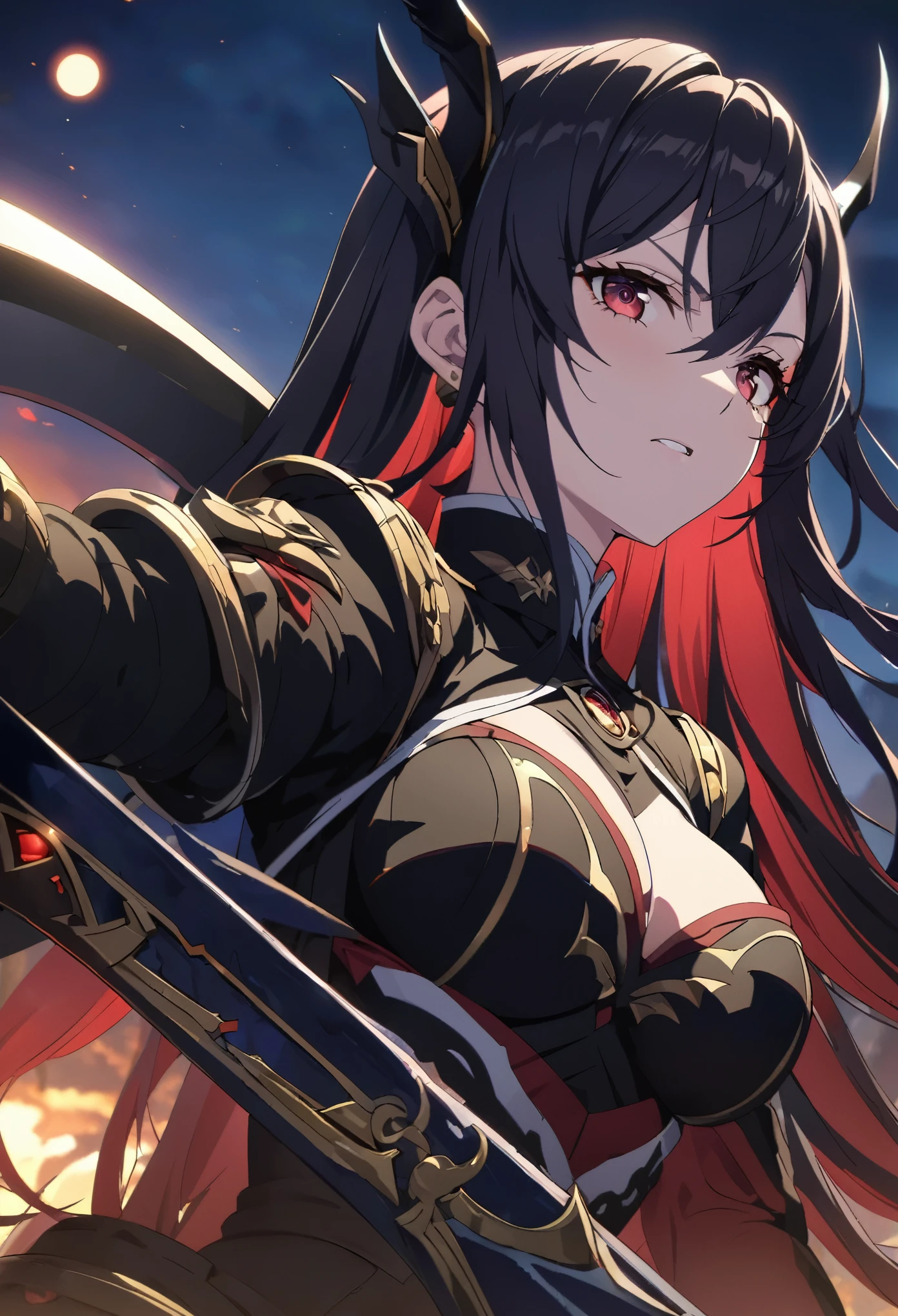 ((Alone)), (Women), cherry red eyes, raven black hair, very long and messy hair, Vibrant red inner hair., (sculpted body), medium-large breasts, Thick, mature body, a closeup of a person with a scythe in a desolate land, detailed anime key art, acheron, casimir art, Masamune Shiro, masamune, beautiful Women in demon slayer art, genshin, Heise Jinyao, shadowverse style, (no logos), eclipse, black powers, twilight landscape, Detailed clothing, eye reflection, depth of field, cinematic lighting, ray tracing, depth of field, cinematic lighting, ray tracing, UHD, High details, Best Quality, high resolution, high quality, awarded, super detail, Masterpiece, 8k, UHD, High details, Best Quality, high resolution, high quality, awarded, super detail, Masterpiece, 8k
