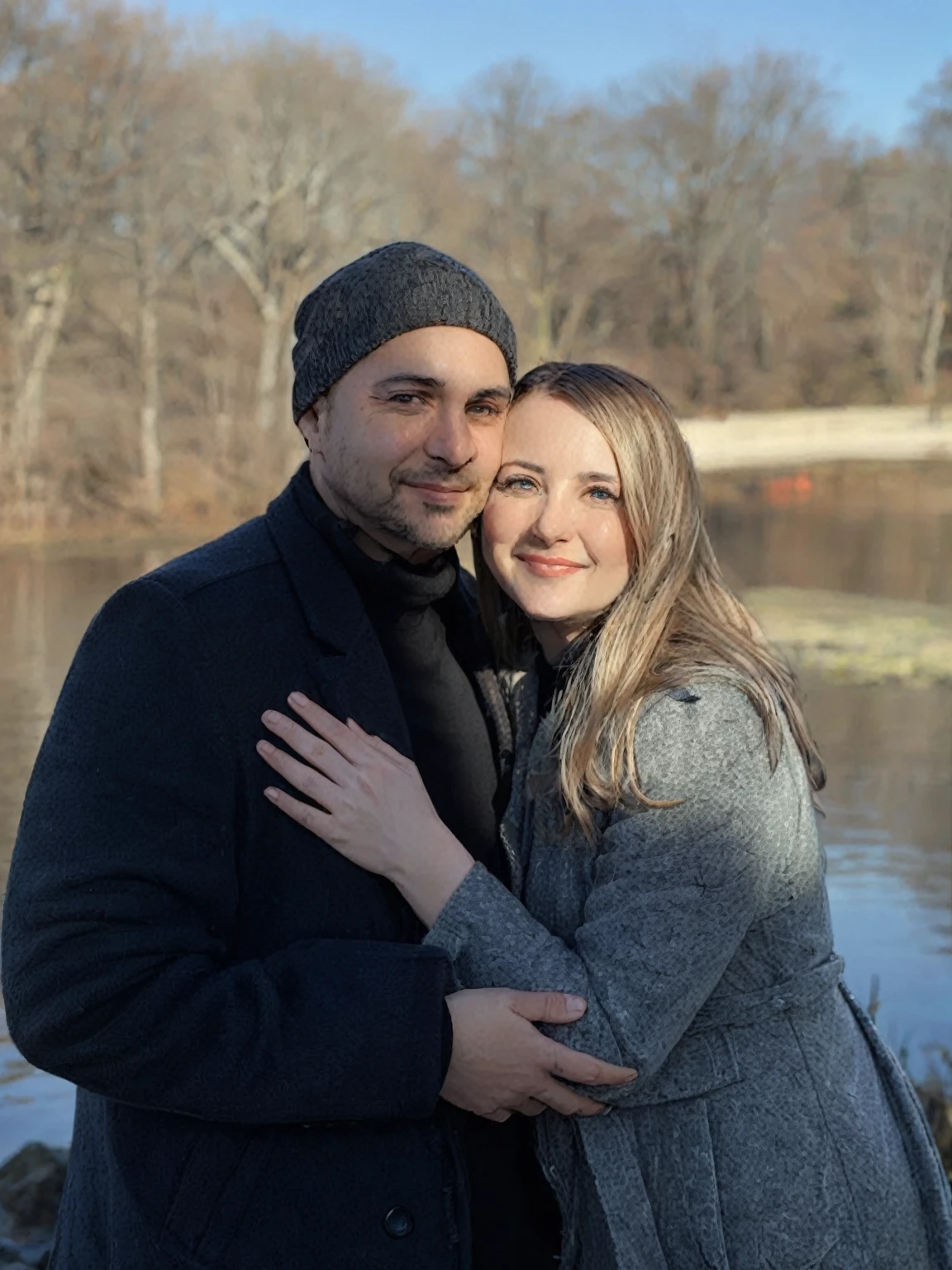 there is a man and woman hugging by the water, finally, karolina cummings, taken in the early 2020s, couples portrait, alex miranda, commissioned, photo from 2022, portrait, with a tree in the background, happy couple, profile picture, couple portrait, millaise and greg rutkowski, commercial photo, by Kathleen Scott