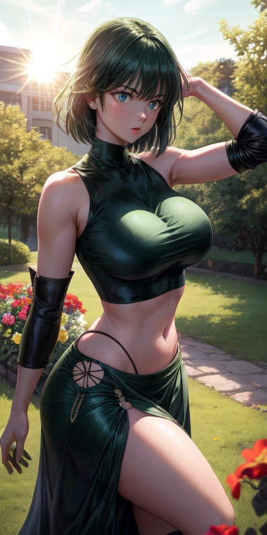 realistic, 1girl, Fubuki, green hair, green eyes, big round breasts, pure white skin, shining eyes, dark green crop top, dark green skirt, parted lips, rouge, night, flowers, sun, sunshine