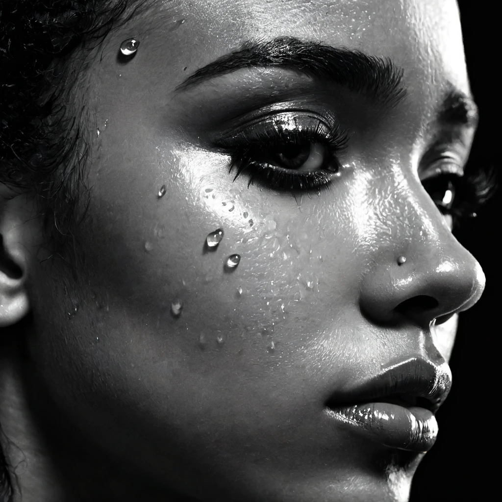 close up and zoomed in on a beautiful depressed emotional sad crying black girl with crying a single teardrop running down her face and a black background, sad, depressed, emotinoal, tearing up, crying, close up on side profile only showing cheek and eyelight falling on face, noir photorealism, mysterious portrait of a woman, chiaroscuro portrait, close up on side profile, tinashe, zoe kravitz, zoomed in on tear drop, euphoria vibes, tears, crying, black and white, dark