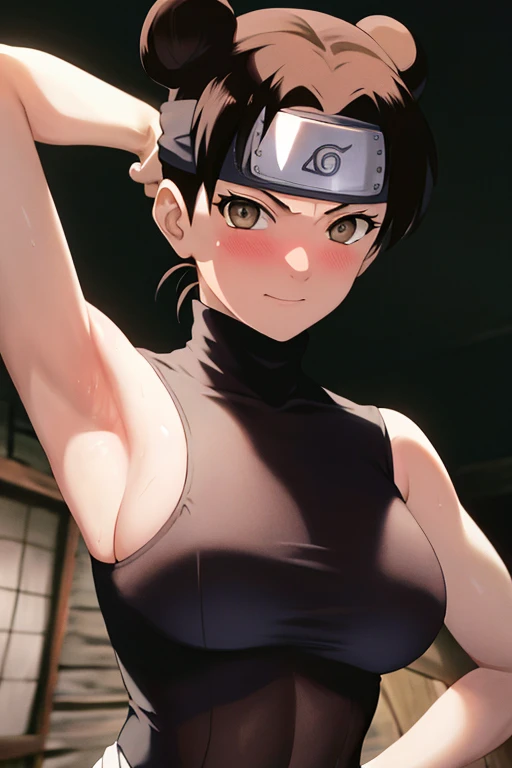 masterpiece, absurdres , (intricate details), (colorful),cinematic lighting,bust shot,extremely detailed CG unity 8k wallpaper,tenten\(shippuden\), 1girl, solo, ((white sleeveless turtleneck)), (large breasts), hand on hip,forehead protector, konohagakure symbol, headband,  looking at viewer, (village street), charming smile, ((slim waist)), ((blushing)), armpit