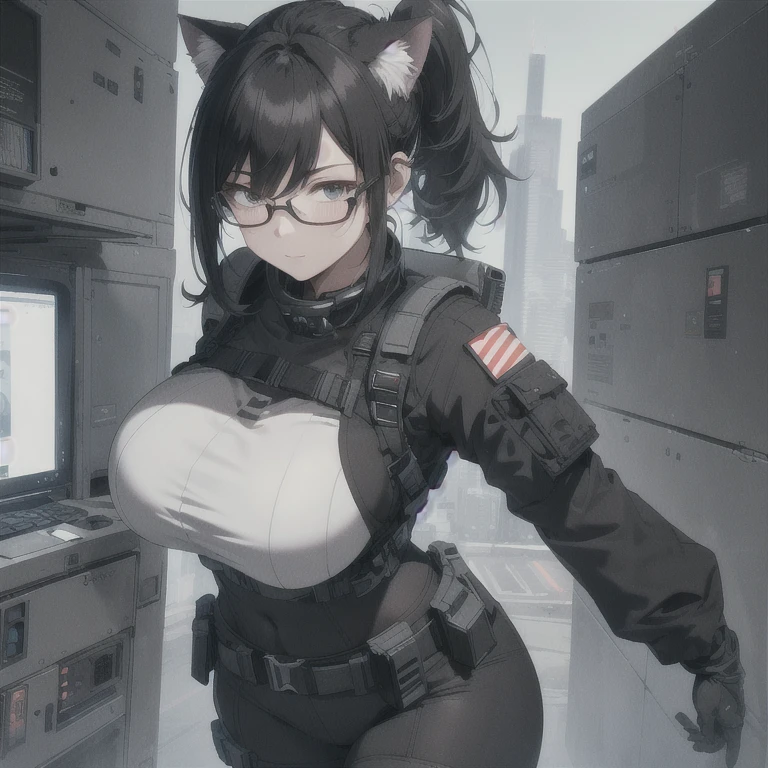 Absurd resolution, high resolution, (masterpiece: 1.4), hyper-detail, full body shot, solo, 1 kemono feline cat woman, humanoid, no skin other than neck and head shown, black hair, glasses, messy ponytail, cute face, detailed soft grey eyes, huge massive hyper super swollen breasts that cover her whole torso and are bigger than her head while being so big they reach her belly button, extremely super large bust, wide full hips, narrower torso and shoulders, smaller torso, full thicc big soft thighs, big rounded full soft butt, ruggedized utility styled outfit, full body outfit coverage with no skin showing or revealed, monochrome black and grey fullbody covering protective padding pilot rugged utility suit with white chest, practical/functional clothing, weather-proof durable clothing material, nylon clothing material, custom made clothing to fit and support large breasts, scifi padded rugged high collar techwear jacket, white and black triangular decals and techwear iconography on apparel and clothing, techwear gloves, arm mounted strapped display scifi tablet/communication device/computer, rugged tablet display mounted on MOLLE strap on top of her bust, ruggedized computer tablet mounted above her breasts, screen display mounted on top of her chest, ruggedized tech, ruggedized tech aesthetic, fitted utility pants, utility chaps, near future scifi, cyberpunk aesthetic, anime aesthetic