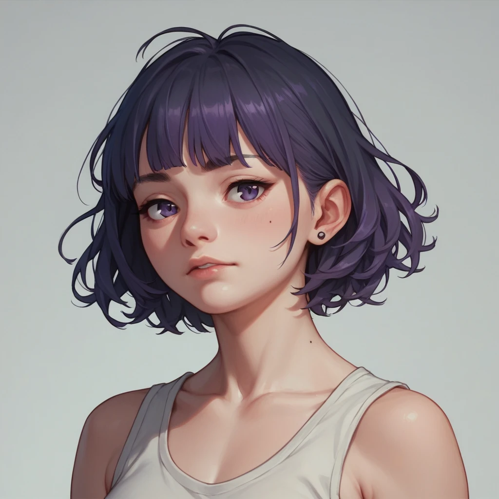 Mimi Lubi with short black hair and purple bangs 