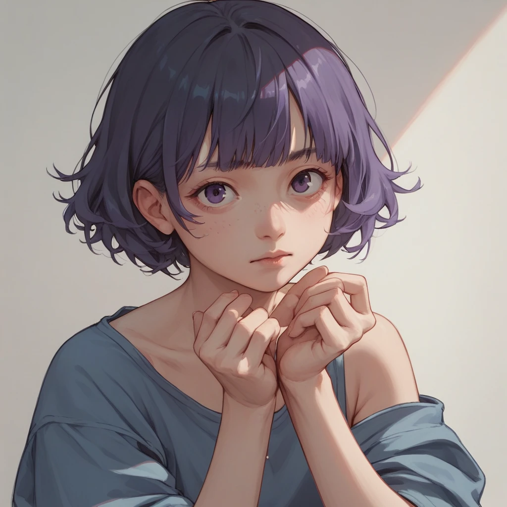 Mimi Lubi with short black hair and purple bangs 