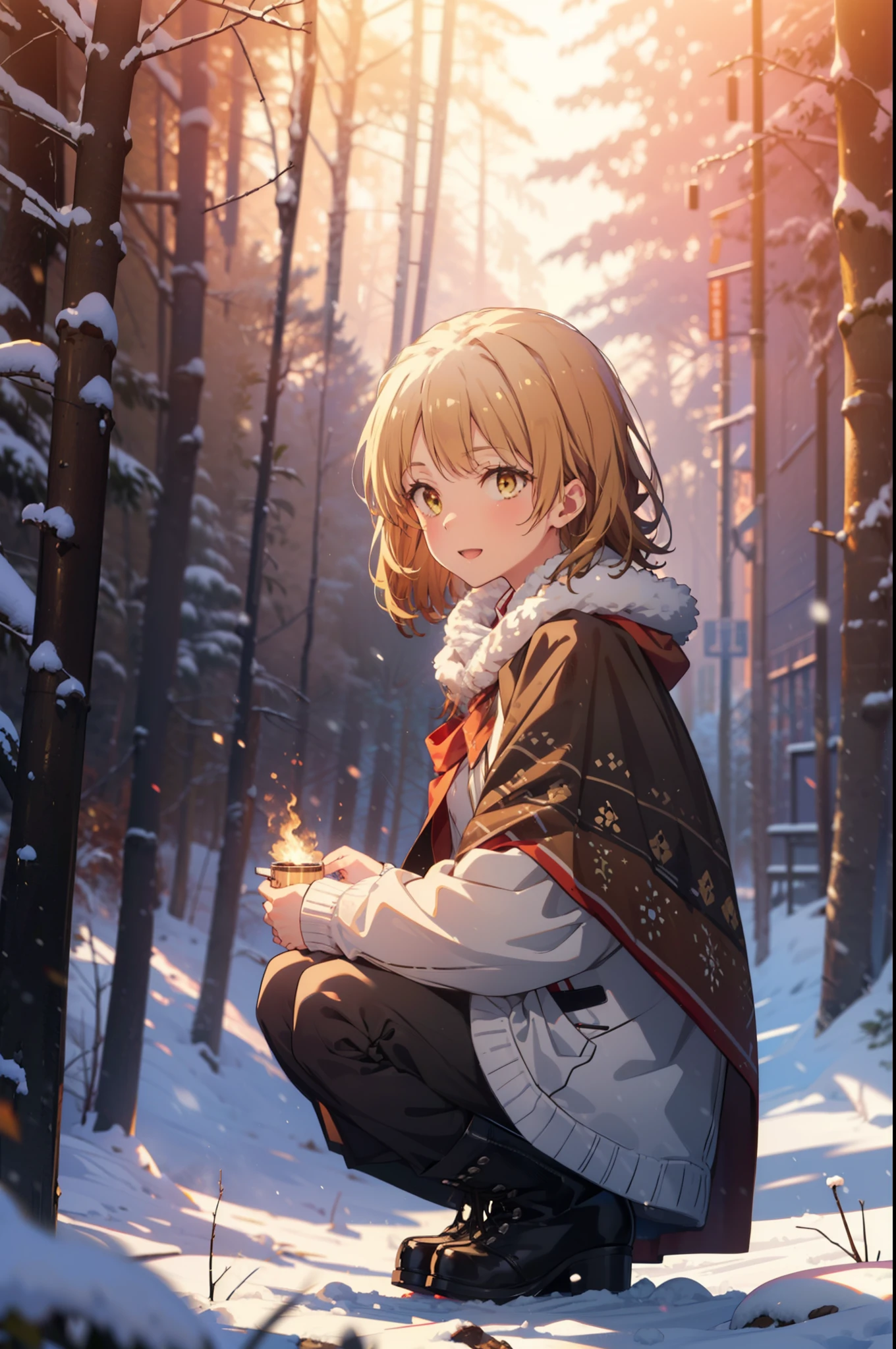 Irohaisshiki, isshiki iroha, short hair, Brown Hair, (Brown eyes:1.5), smile,
Open your mouth,snow, fire, Outdoor, boots, snowing, From the side, wood, suitcase, Cape, Blurred, Eat food, forest,nature, Brown eyes,Squat, Mouth closed, フードed Cape, winter, Written boundary depth, Black shoes, red Cape break looking at viewer, Upper Body, whole body, break Outdoor, forest, nature, break (masterpiece:1.2), Highest quality, High resolution, unity 8k wallpaper, (shape:0.8), (Beautiful and beautiful eyes:1.6), Highly detailed face, Perfect lighting, Extremely detailed CG, (Perfect hands, Perfect Anatomy),