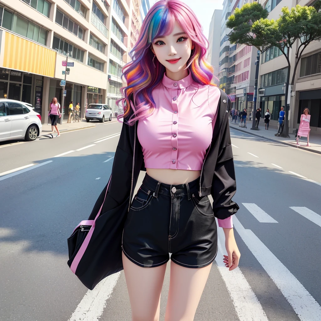 A woman is walking on the road, smile, Colorful hair colors,Fashion Model, Black Top, Pink clothes, Attractive girl, Photo of slim girl model, Tight buttoned shirt and shorts, Wearing fashionable clothes,  Casual clothing