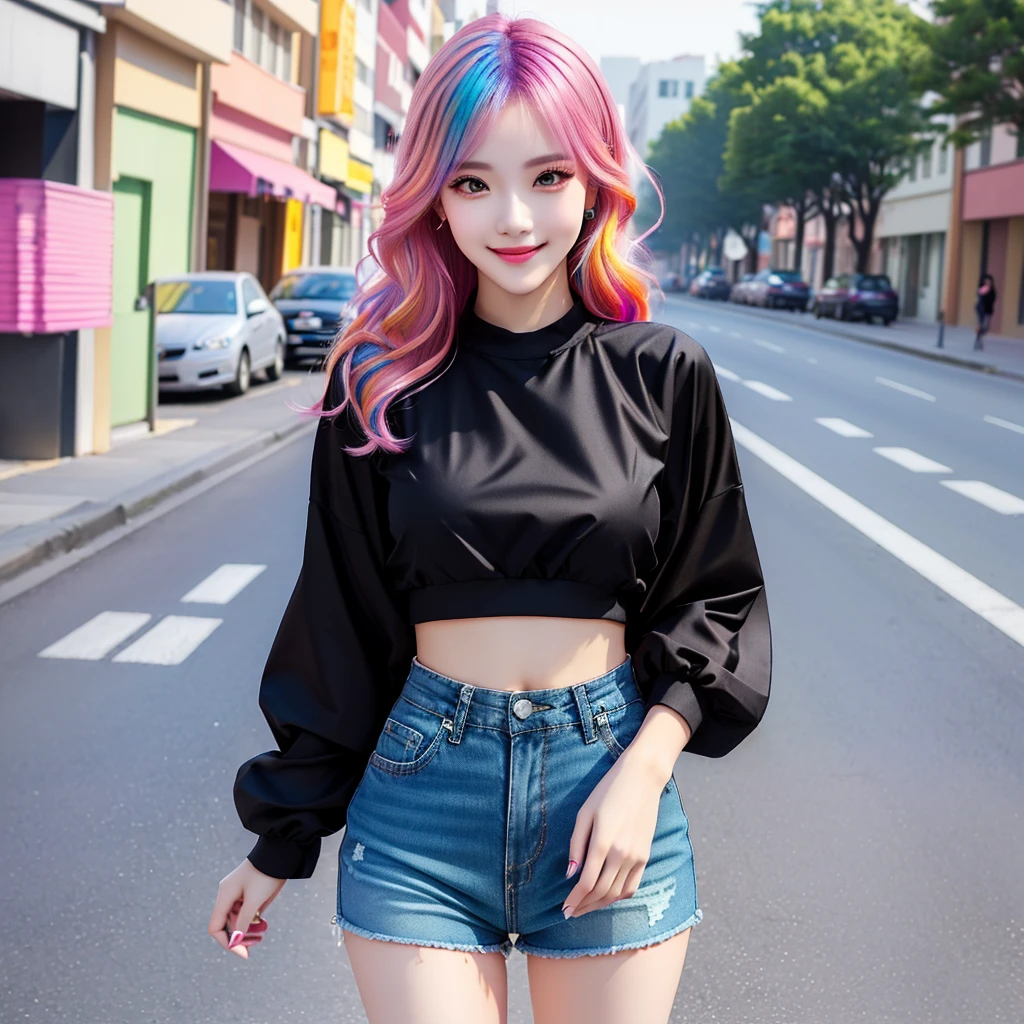 A woman is walking on the road, smile, Colorful hair colors,Fashion Model, Black Top, Pink clothes, Attractive girl, Photo of slim girl model, Tight buttoned shirt and shorts, Wearing fashionable clothes,  Casual clothing