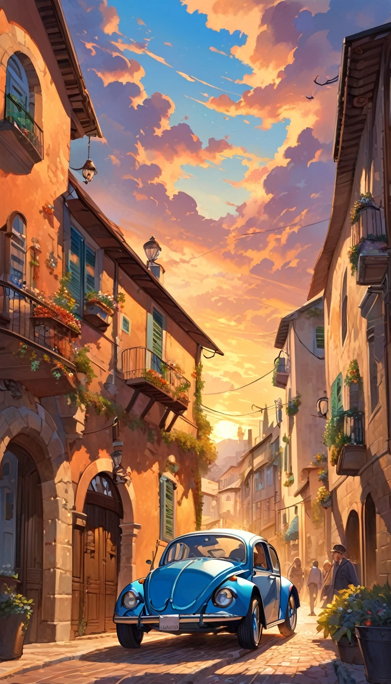 street of an Italian village, classic car beetle parked, beautiful streets and old houses, clothes hanging, many details, great view, clouds, sunset (art inspired by Bill Sienkiewicz , oil painting)