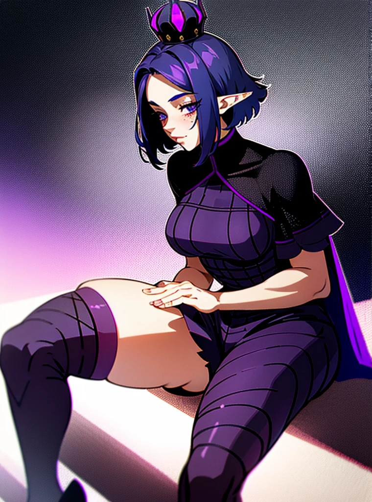 1 girl with short hair half dark blue and half dark purple, elf, with a dark sports shirt, dark purple eyeliner, an infernal crown on her head, black shorts and heels, a cape, mesh stockings, long ones, delicious, with black and purple marks on the skin, sit down, in te dark, with freckles 