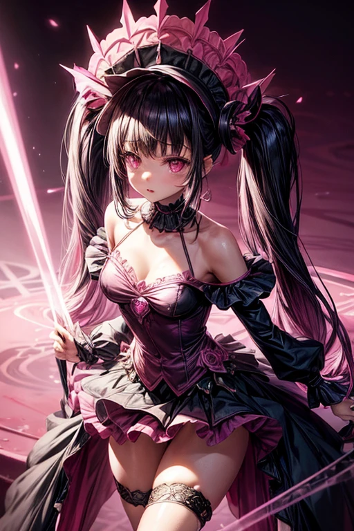 pink theme, masterpiece, magical girl, (impossible clothes:1.5), microskirt, gradient background, black hair, pigtails, blunt bangs, sidelocks, pink eyes, medium breasts, breasts, thigh gap, hair ornament, arched back, black_witch_hat,intricate_embellishments,Mystical_fountains, glowing_crystals